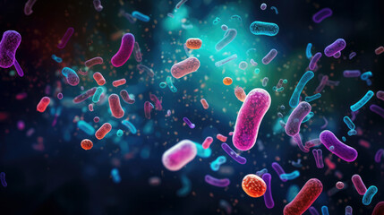 Medical illustration background. Microscopic  escherichia coli medicine in the stomach. fighting illness with medication anatomy organism  - obrazy, fototapety, plakaty