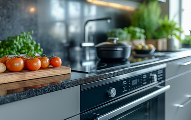 Diagonal view of modern electrical built-in oven in domestic kitchen.