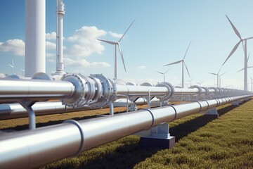 White pipeline with shut-off valves against the background of wind turbines and solar panels