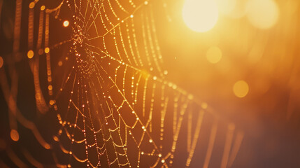 Spider web with dew, golden hour - obrazy, fototapety, plakaty