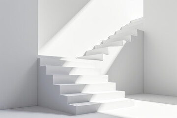 White pedestal with staircase steps retail merchandise basic foundation. Podium stairs construction for climbing display. - obrazy, fototapety, plakaty