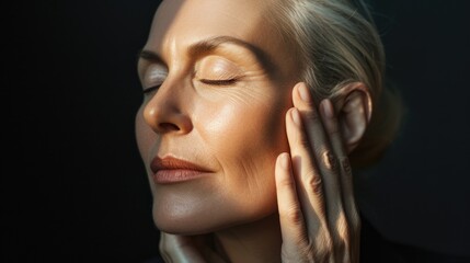 Fototapeta premium Close up Beautiful gorgeous mid aged woman. Portrait of mature old lady. Menopause. Healthy face skin care, skincare cosmetics.