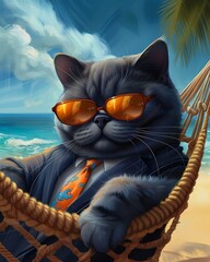kitty cat kitten suit tie relaxing hammock sunbathing beach boss dressed expensive clothes funny sunglasses programmer tropical paradise blue grey background - obrazy, fototapety, plakaty