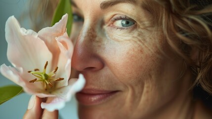 Cropped image of beautiful mid aged woman posing with flower. Concept of menopause. Caring for your skin in menopause. Estrogens and aging skin. Advertising facial anti age products, tighten skin 