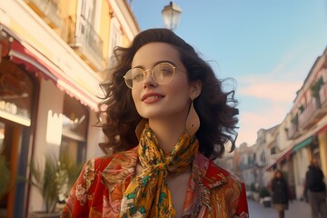 A 4K cinematic portrait captures the essence of a cheerful fashion model in Palma de Mallorca, exuding strong joy and confidence from below, adorned in prestigious 
