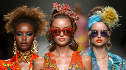 Fototapeta premium Diverse model runway beauty: Capturing industry trends and professional elegance in a vibrant showcase of fashion and beauty