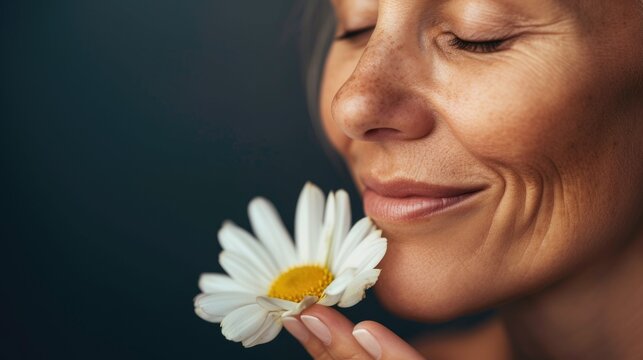Cropped image of beautiful mid aged woman posing with flower. Concept of menopause. Caring for your skin in menopause. Estrogens and aging skin. Advertising facial anti age products, tighten skin 