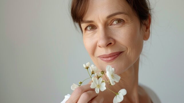 Cropped image of beautiful mid aged woman posing with flower. Concept of menopause. Caring for your skin in menopause. Estrogens and aging skin. Advertising facial anti age products, tighten skin 