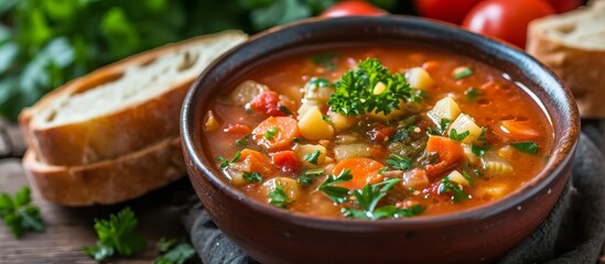 A delicious stew of soup made with vegetables and bread, a perfect dish for a wholesome meal.