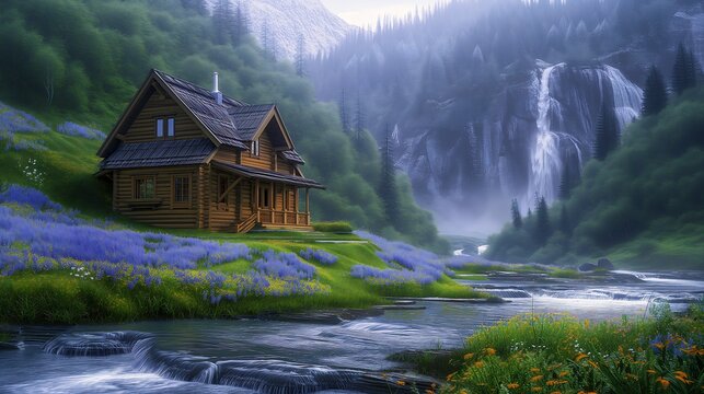 cabin middle mountain waterfall cartoon springtime morning fog painted bright deep color bliss stream flowing house dreaming about faraway place riverside