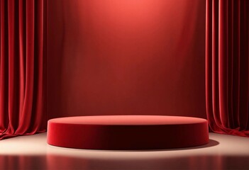 Empty red round podium or empty pedestal platform over red curtain background with dim spotlight shadow minimal concept 3d rendering, background minimal conceptual 3d rendering, soft smooth light, amb