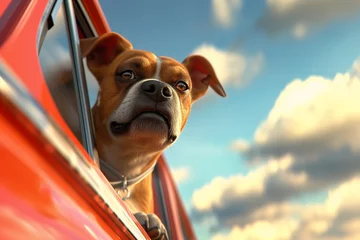 Fotobehang dog looking out car window cartoon mobile sky © Cary
