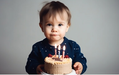 Cute smiling baby boy holding a birthday cake