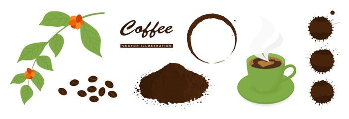 Set of coffee. Vector collection of coffee, graphic design elements for decoration, packaging, poster and banner. Hand drawn coffee beans, cup, rings, stains,drop and splashes.Flat vector illustration