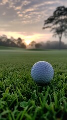 closeup golf ball grass near tree dawn bluish graphics consumer electronics pro wide angle lens vanishing point surfaces blemishes misty morning panoramic imagery