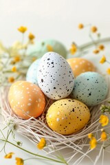 Obraz premium four eggs nest flowers transparent vibrant color gold speckles bountiful crafts dichromatism banner polka dot tables stock varying dots