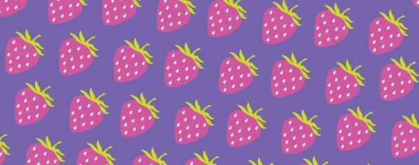 Seamless vector pattern backgrounds with pink strawberries on a violet background with spots in a flat style. Ideal for print, wrapping paper, wallpaper, fabric, design, invitation, presentation