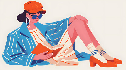 Summer activity Illustration, woman reading a book