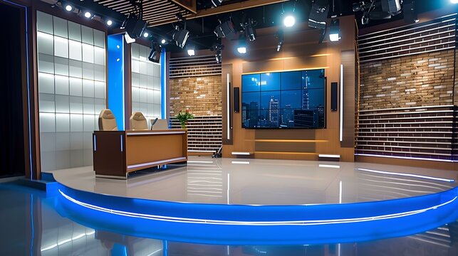 Modern broadcast studio design with empty chairs and futuristic elements. high-tech newsroom setting, ideal for virtual events. professional media environment. AI