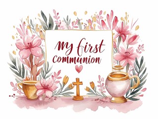 My first communion, written in stylish typography with subtle heart accents. card