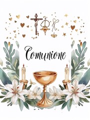 My first Comunione, written in stylish typography with subtle heart accents. card with pyx