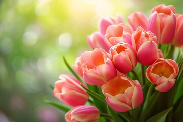 pink tulips vase green background macro lens flare banner greeting card deity spring orange hue vibrant mom