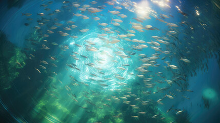 Fototapeta na wymiar School of fish swims in a mesmerising circle in beautifully clear, turquoise water 