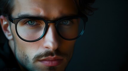 Portrait of a young man with glasses, intense gaze in a dark setting. close up, modern style, evocative expression. suitable for diverse creative projects. AI