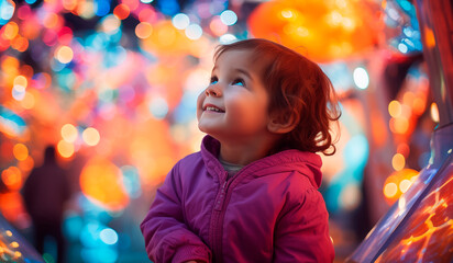 Fototapeta na wymiar Joyful child enchanted by vibrant fair lights