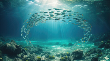 School of fish swims in a mesmerising circle in beautifully clear, turquoise water  - obrazy, fototapety, plakaty