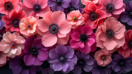 Anemone floral pattern. Colorful pink and purple flowers on a gray background. Top view. Flat lay