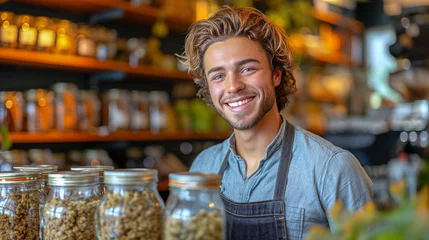 Fotobehang Young adult handsome man working in Dispensary sells medical cannabis and marijuana product.  © AB-lifepct