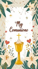 My first Comunione, written in stylish typography with subtle heart accents. card with pyx