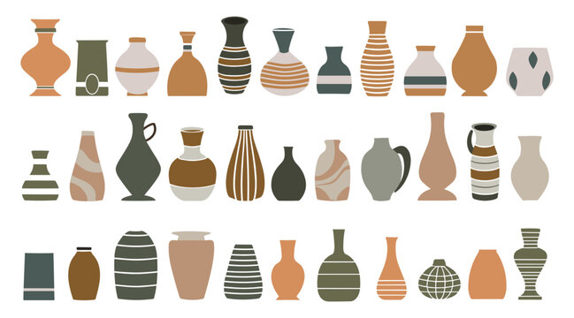 Collection of trendy vases. Minimalist retro style ceramic pottery for interior. Set of jags and flower pots in mid century modern colors. Vector boho scandinavian design elements for wall art, cards.
