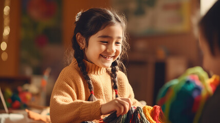 School child happily doing needle work in classroom