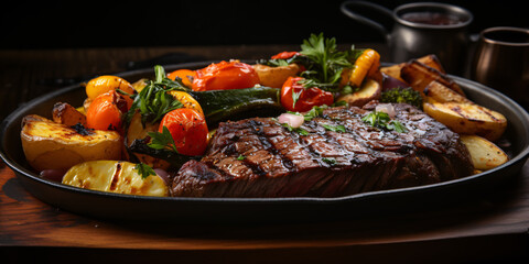 Juicy grilled steak seared to perfection with grilled vegetables on dish.