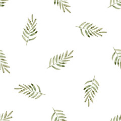 Fototapeta premium Watercolor green branch seamless pattern on white background
