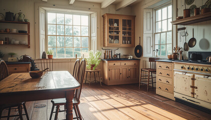 The kitchen in a restored primitive colonial style home, functional and comfortable - obrazy, fototapety, plakaty