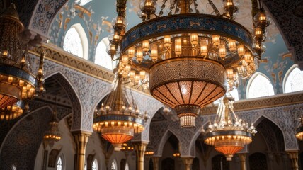 Fototapeta na wymiar The mosque is decorated with chandeliers, lanterns and beautiful Arabic calligraphy.