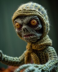 Obraz premium closeup knitted zombie doll scarf portrait cartoon necromancer fuming effigy adult figure humanoids wearing sweater demon city