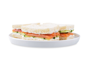 Salmon cucumber dill cream cheese tea sandwich on a white isolated background