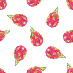 Watercolor dragon fruit seamless pattern on white background