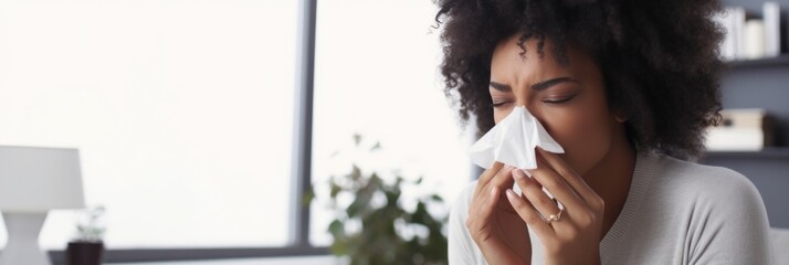 sick woman struggling with runny nose due to flu or allergies - obrazy, fototapety, plakaty