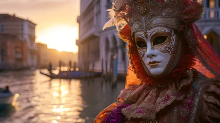 Tuinposter Opulent venetian mask in sunset hues, a mysterious figure by the canal. captivating venice carnival ambiance. perfect image for festive themes. AI © Irina Ukrainets
