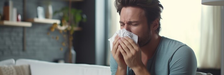 sick man suffering from runny nose due to flu or allergies - obrazy, fototapety, plakaty