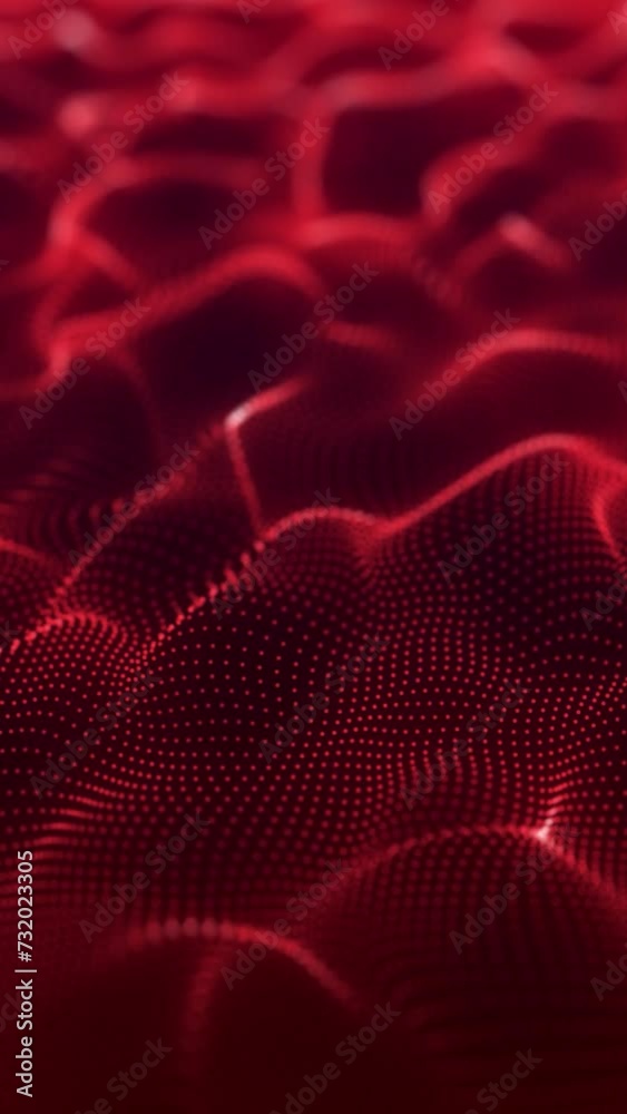 Wall mural red color abstract particle foam field waving smoothly like fluid. waving particles motion graphics 