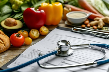 Healthy food represented by a heart-shaped stethoscope and a medical prescription, a concept for diet and medicine