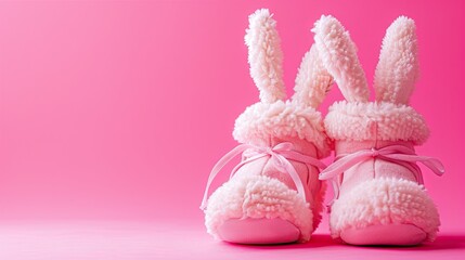 Adorable baby fashion: Playful ensemble with bunny boots on a pink surface