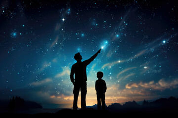 Father and son in silhouette looking up at Milky Way sky. Enigmatic stargazer beneath the cosmic canopy, lost in celestial contemplation. - obrazy, fototapety, plakaty