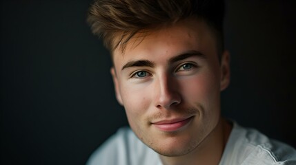 Obraz premium Confident young man with a warm smile, professional headshot. casual style in a natural light setting. ideal for modern lifestyle content. AI